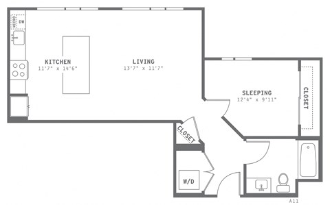 Floor plan for 1 bed, 1 bath, 720 sqft